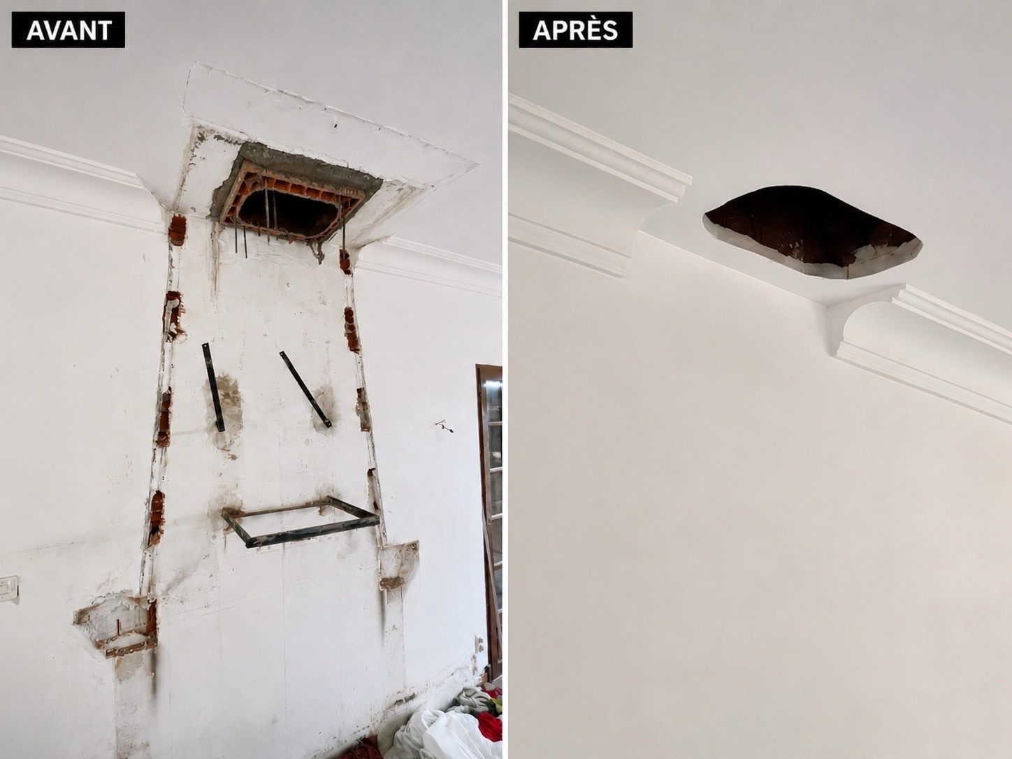 Rénovation avant / après : moulures et corniches plâtre, reprise de plafond par RJ-PLATRERIE