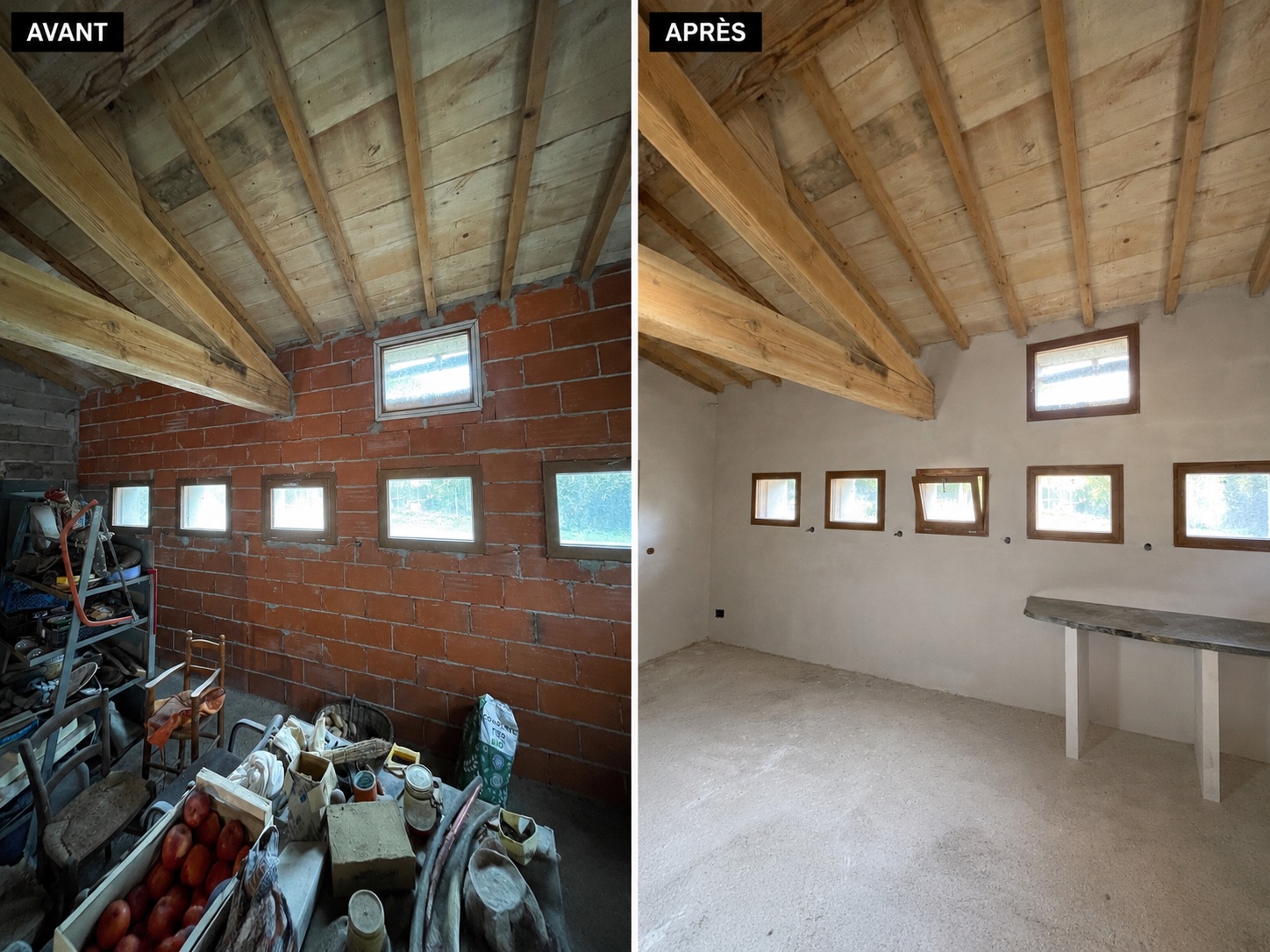 Rénovation pièce avant / après : plâtre traditionnel sur murs en brique par RJ-PLATRERIE