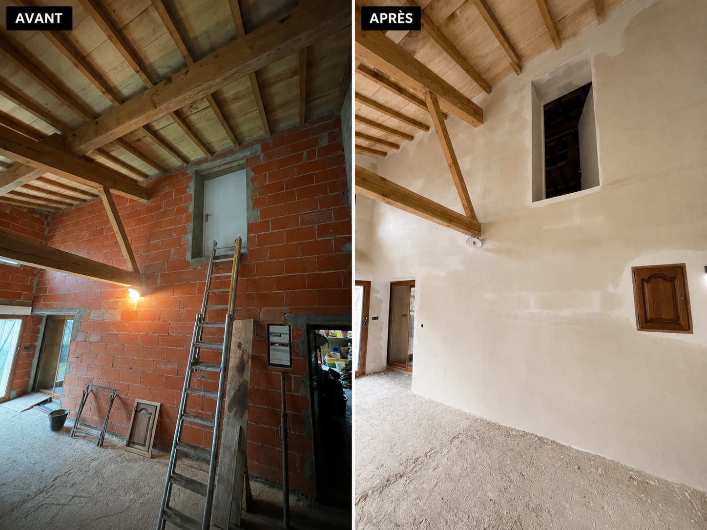 Rénovation avant / après : enduit plâtre traditionnel sur mur en brique et charpente apparente par RJ-PLATRERIE