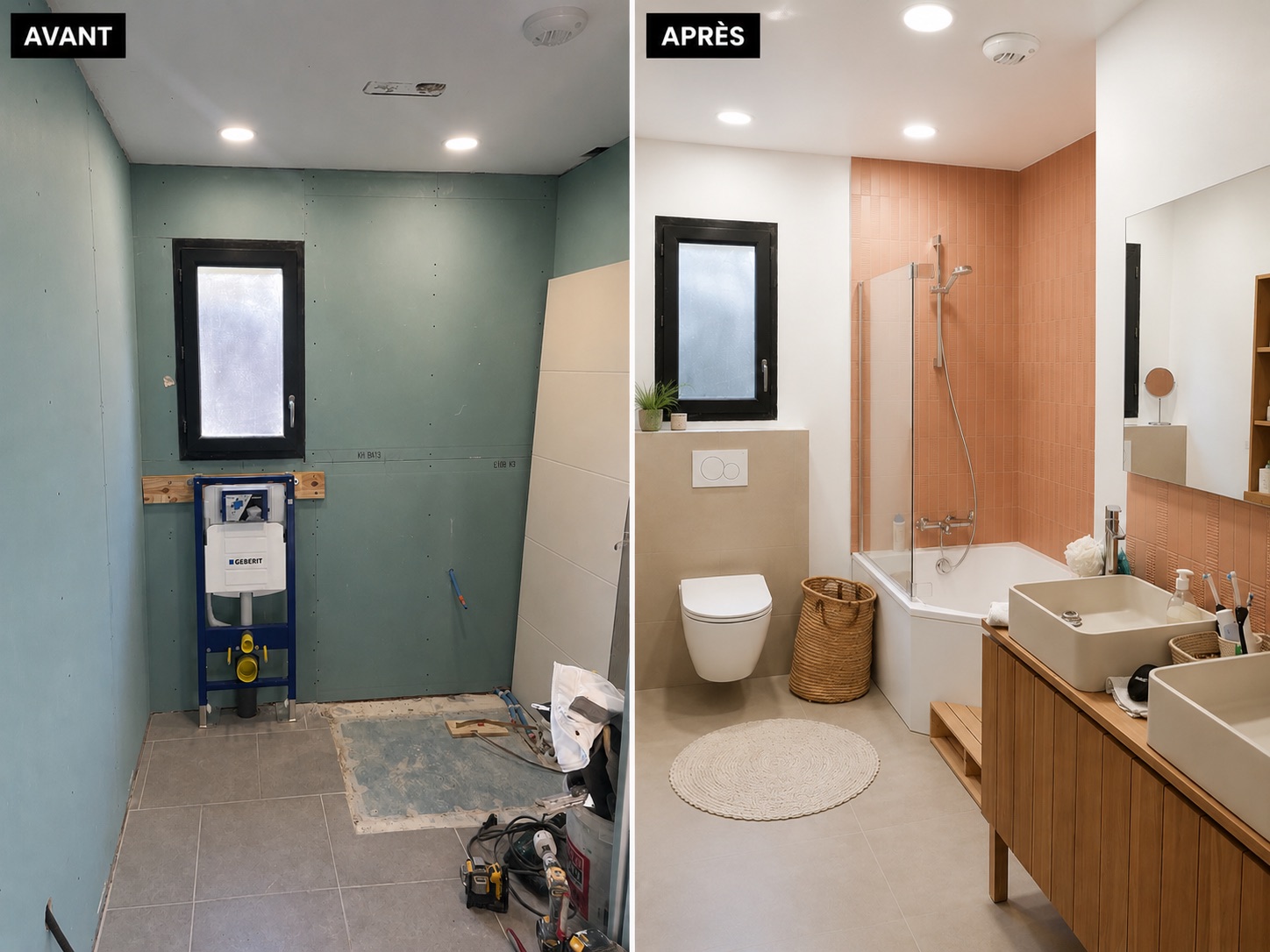 Rénovation salle de bain avant / après : placo, doublage et finitions par RJ-PLATRERIE